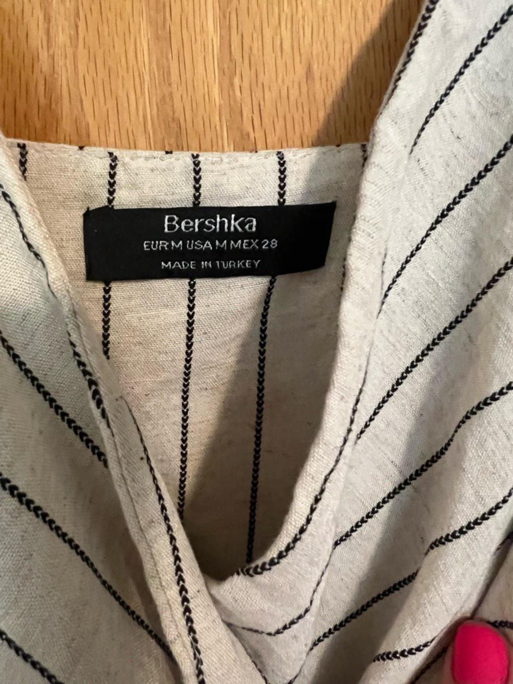 Bershka Natural Linen V-Neck Wrap dress with Black Stripes